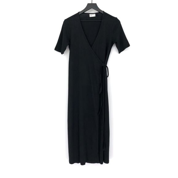 FRANK AND OAK The Good Cotton Midi Length Wrap Dress Black S - Picture 1 of 12